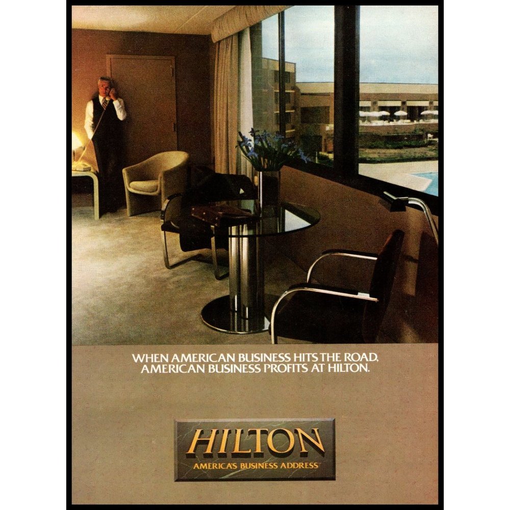 1982 Hilton Hotels Vintage Print Ad Businessman Business Travel 80s Wall Art